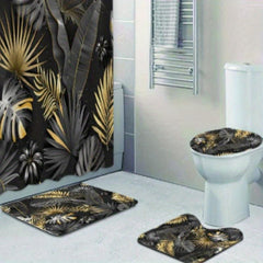 3pcs Tropical Plant Shower Curtain & Non Slip Bathroom Rug Set