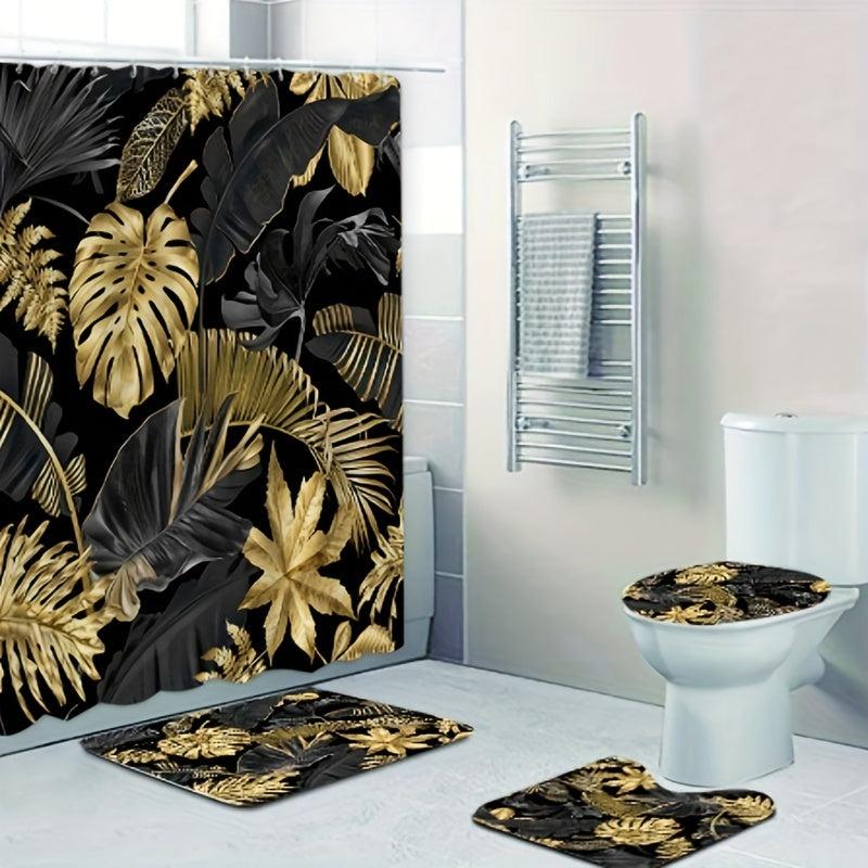3pcs Tropical Plant Shower Curtain & Non Slip Bathroom Rug Set