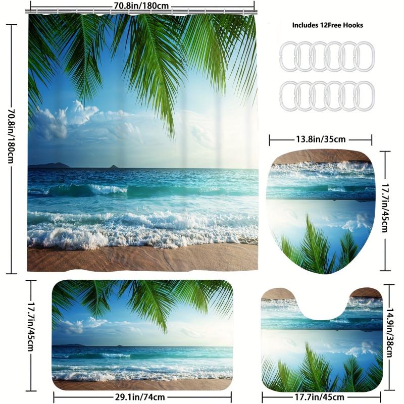 4pcs Seaside Shower Curtain Set Waterproof Bathroom Decor