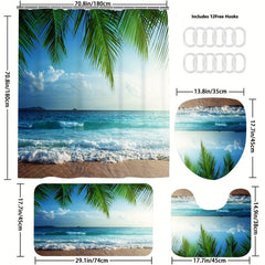 4pcs Seaside Shower Curtain Set Waterproof Bathroom Decor