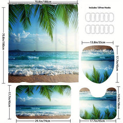 4pcs Seaside Shower Curtain Set Waterproof Bathroom Decor