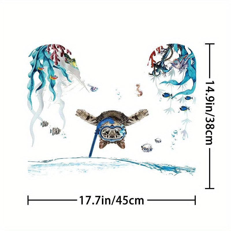 Bathroom Rugs Shower Curtain Diving Cat Pattern Waterproof Set