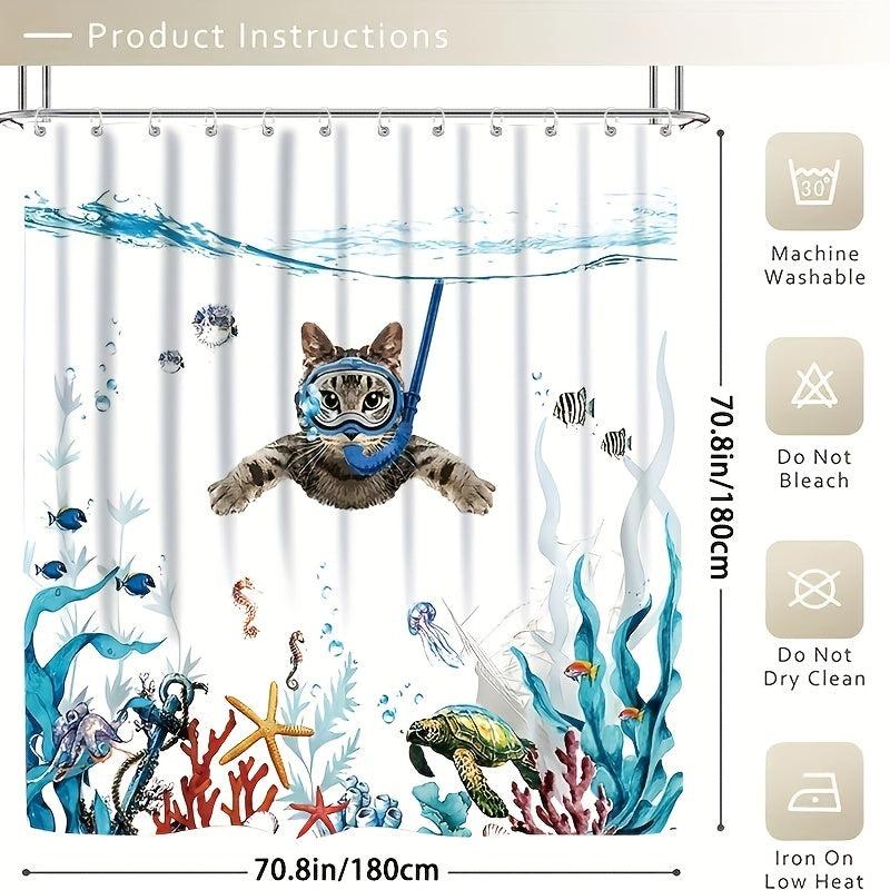 Bathroom Rugs Shower Curtain Diving Cat Pattern Waterproof Set