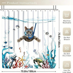Bathroom Rugs Shower Curtain Diving Cat Pattern Waterproof Set
