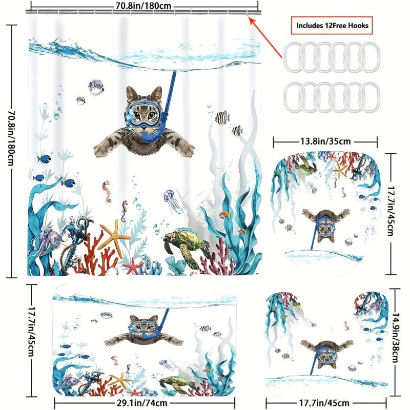 Bathroom Rugs Shower Curtain Diving Cat Pattern Waterproof Set