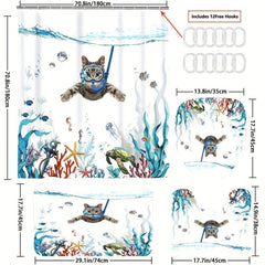 Bathroom Rugs Shower Curtain Diving Cat Pattern Waterproof Set
