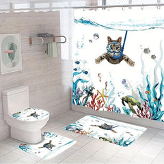 Bathroom Rugs Shower Curtain Diving Cat Pattern Waterproof Set