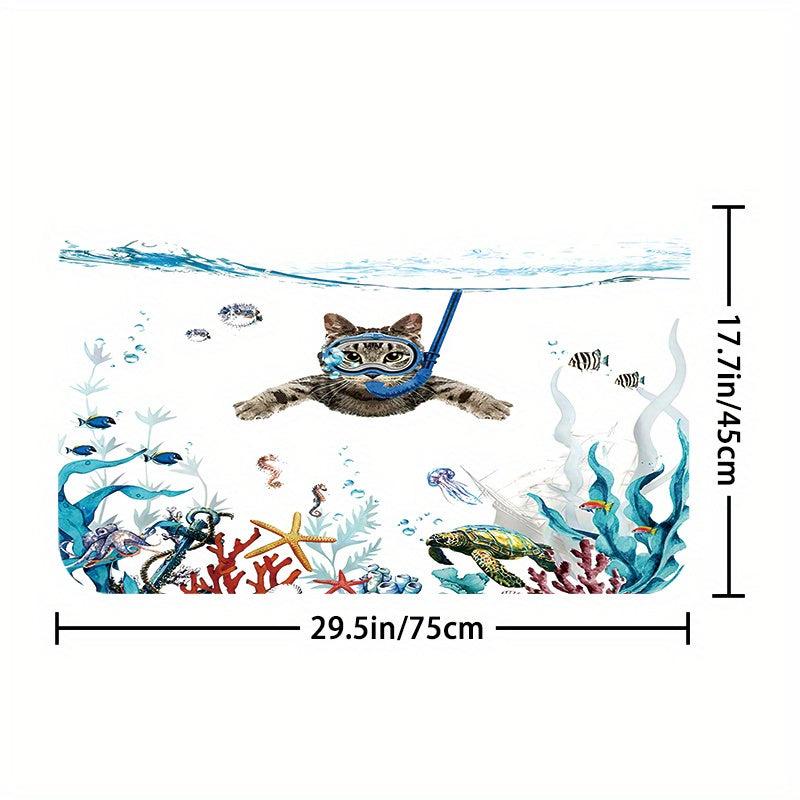 Bathroom Rugs Shower Curtain Diving Cat Pattern Waterproof Set