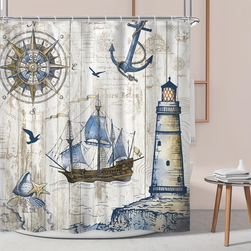 Nautical Sailboat Shower Curtain Waterproof Polyester Fabric Bathro