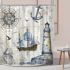 Nautical Sailboat Shower Curtain Waterproof Polyester Fabric Bathro