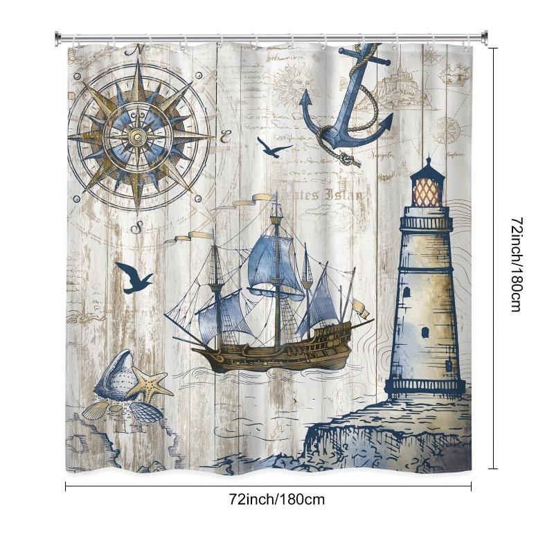 Nautical Sailboat Shower Curtain Waterproof Polyester Fabric Bathro