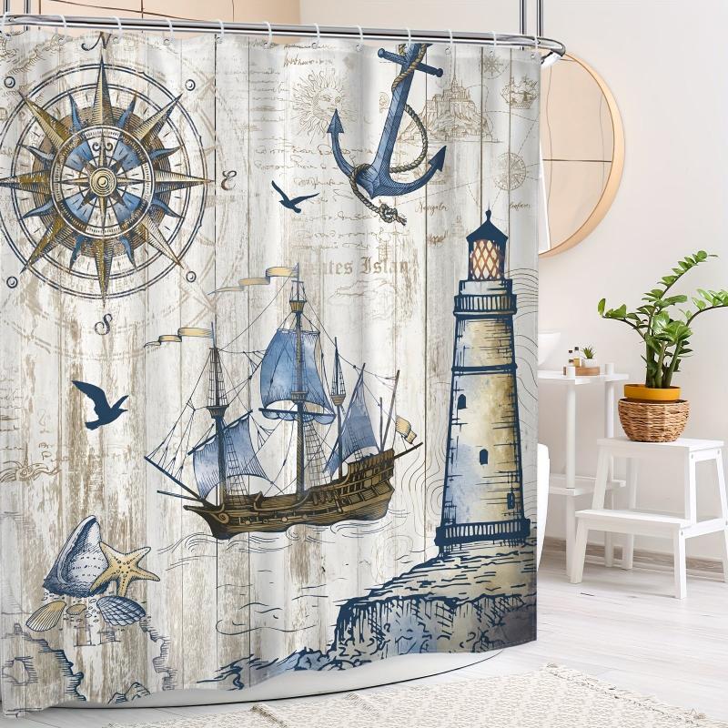 Nautical Sailboat Shower Curtain Waterproof Polyester Fabric Bathro