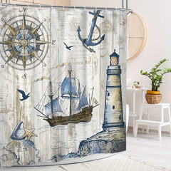 Nautical Sailboat Shower Curtain Waterproof Polyester Fabric Bathro