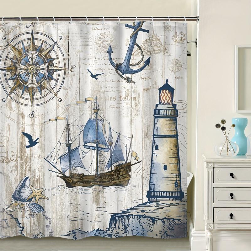 Nautical Sailboat Shower Curtain Waterproof Polyester Fabric Bathro