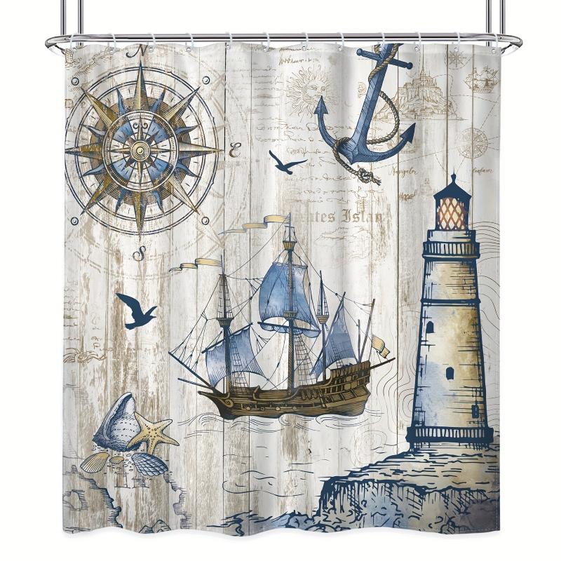 Nautical Sailboat Shower Curtain Waterproof Polyester Fabric Bathro