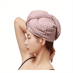 Waffle Microfiber Hair Towel with Button - Soft Hair Drying Cap