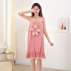 Flower Decor Adjustable Bath Skirt for Women Soft Bathrobe Sleepwear