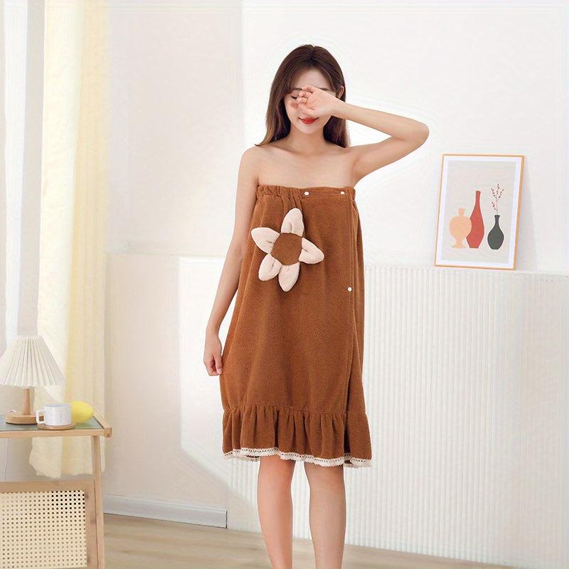 Flower Decor Adjustable Bath Skirt for Women Soft Bathrobe Sleepwear