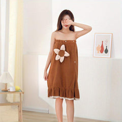 Flower Decor Adjustable Bath Skirt for Women Soft Bathrobe Sleepwear