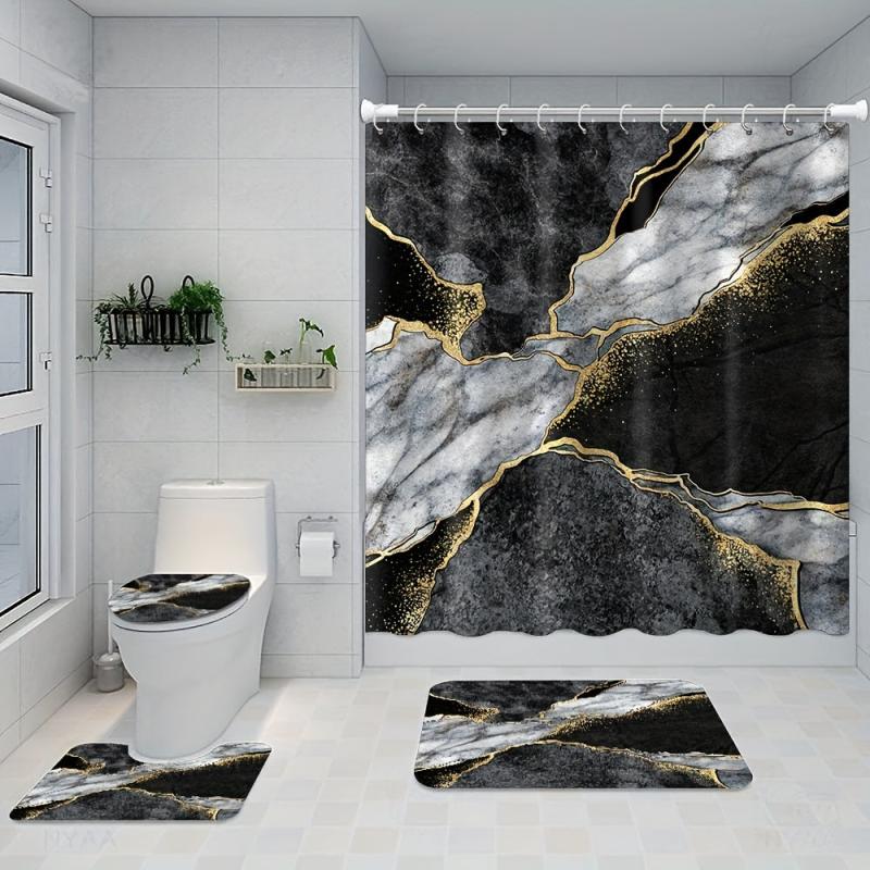 Marble Pattern Shower Curtain Set with 12 Hooks and Non Slip Bathroom Rug