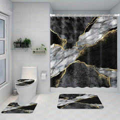 Marble Pattern Shower Curtain Set with 12 Hooks and Non Slip Bathroom Rug