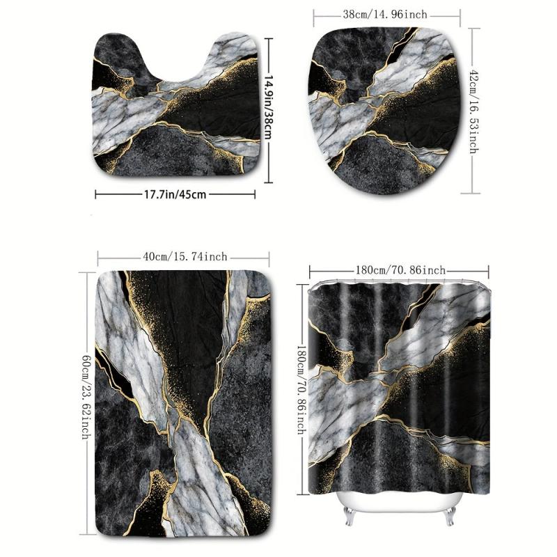 Marble Pattern Shower Curtain Set with 12 Hooks and Non Slip Bathroom Rug