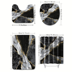 Marble Pattern Shower Curtain Set with 12 Hooks and Non Slip Bathroom Rug