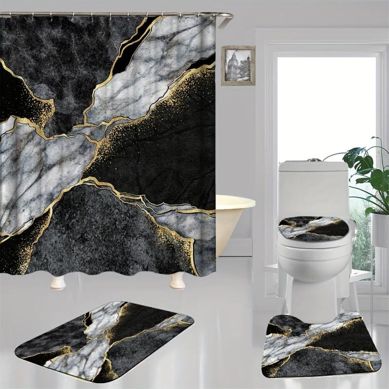 Marble Pattern Shower Curtain Set with 12 Hooks and Non Slip Bathroom Rug