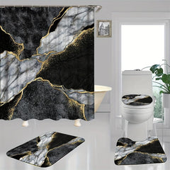 Marble Pattern Shower Curtain Set with 12 Hooks and Non Slip Bathroom Rug
