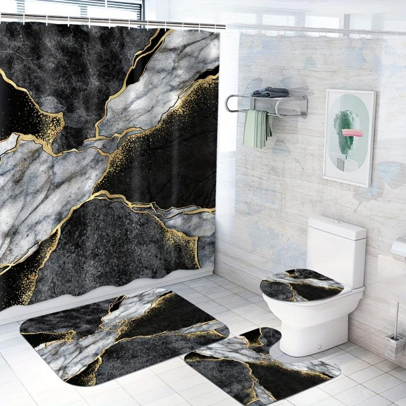 Marble Pattern Shower Curtain Set with 12 Hooks and Non Slip Bathroom Rug