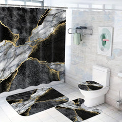 Marble Pattern Shower Curtain Set with 12 Hooks and Non Slip Bathroom Rug