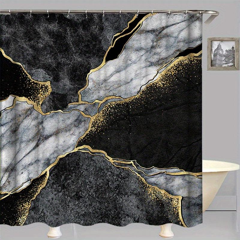 Marble Pattern Shower Curtain Set with 12 Hooks and Non Slip Bathroom Rug