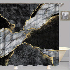 Marble Pattern Shower Curtain Set with 12 Hooks and Non Slip Bathroom Rug