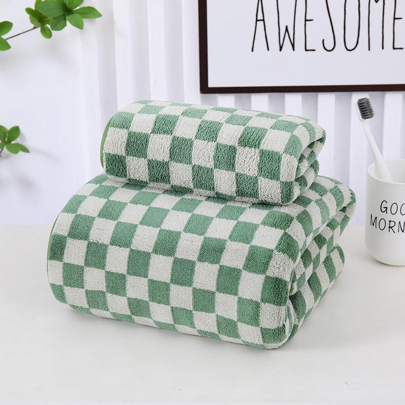 2pcs Checkerboard Pattern Towel Set Coral Fleece Soft Absorbent Towels Bathroom