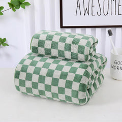 2pcs Checkerboard Pattern Towel Set Coral Fleece Soft Absorbent Towels Bathroom