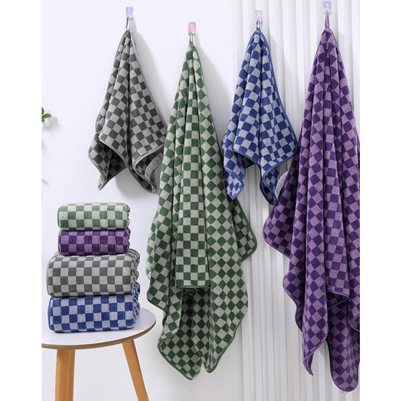 2pcs Checkerboard Pattern Towel Set Coral Fleece Soft Absorbent Towels Bathroom