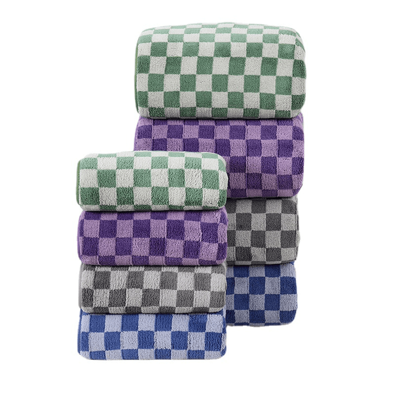 2pcs Checkerboard Pattern Towel Set Coral Fleece Soft Absorbent Towels Bathroom