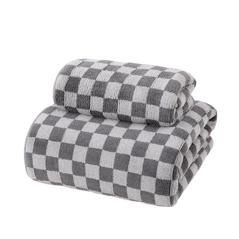 2pcs Checkerboard Pattern Towel Set Coral Fleece Soft Absorbent Towels Bathroom