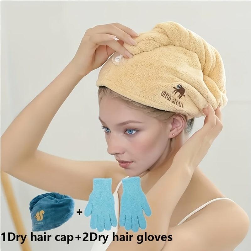 3pcs Hair Drying Cap & Gloves Set Quick Drying Towel Soft Absorbent Hair Wrap
