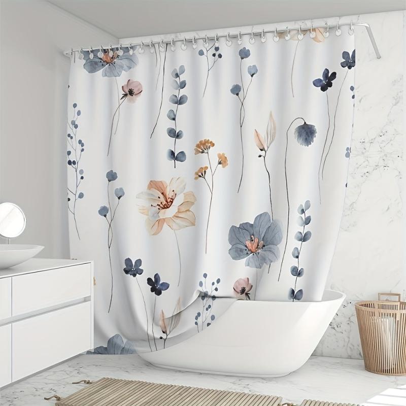 Waterproof Flower Pattern Shower Curtain with 12 Hooks for Bathroom Decor