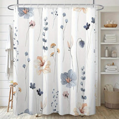 Waterproof Flower Pattern Shower Curtain with 12 Hooks for Bathroom Decor