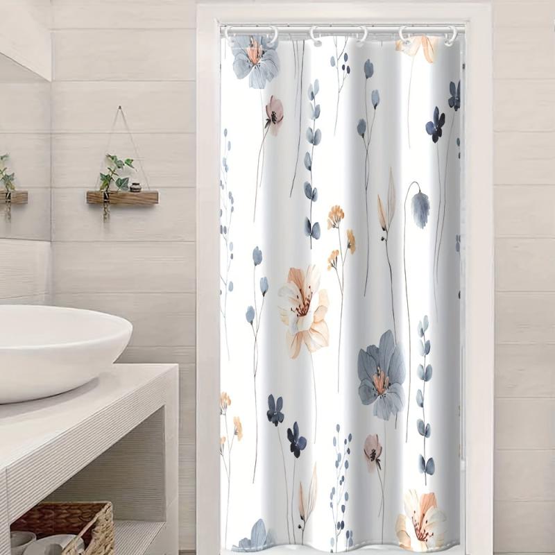 Waterproof Flower Pattern Shower Curtain with 12 Hooks for Bathroom Decor