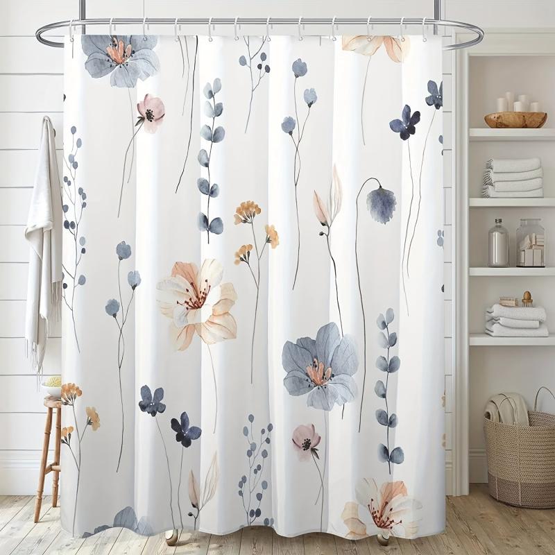 Waterproof Flower Pattern Shower Curtain with 12 Hooks for Bathroom Decor
