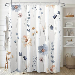 Waterproof Flower Pattern Shower Curtain with 12 Hooks for Bathroom Decor