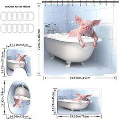 Pig Pattern Shower Curtain Set with Non Slip Rug