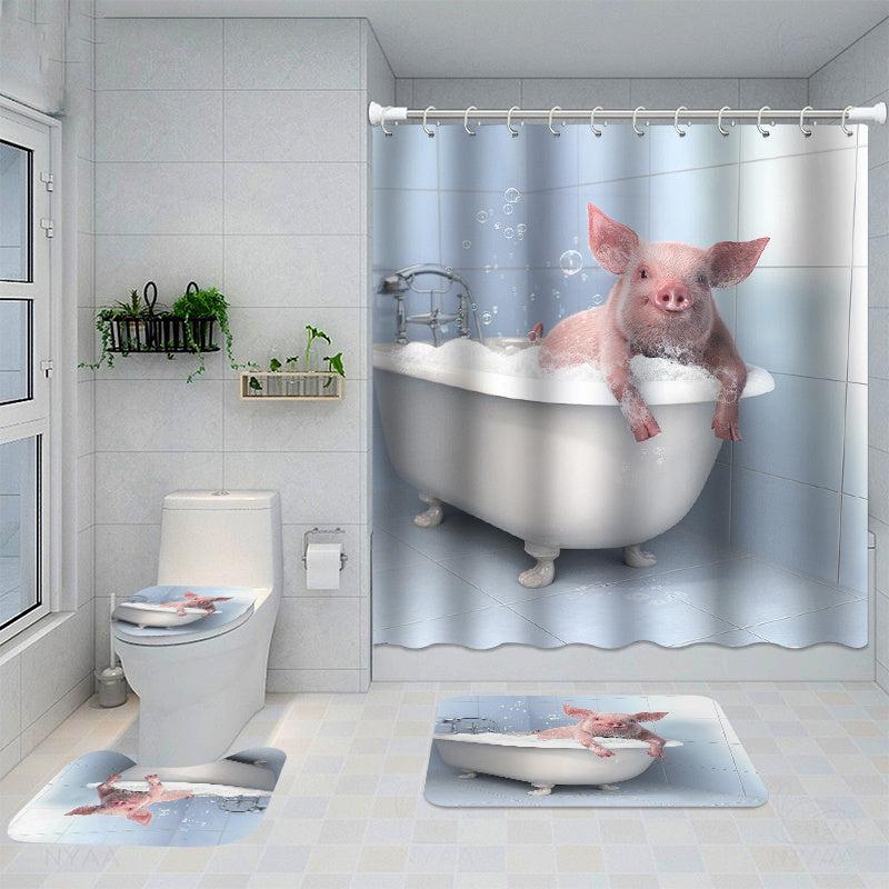 Pig Pattern Shower Curtain Set with Non Slip Rug