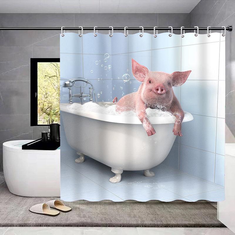 Pig Pattern Shower Curtain Set with Non Slip Rug