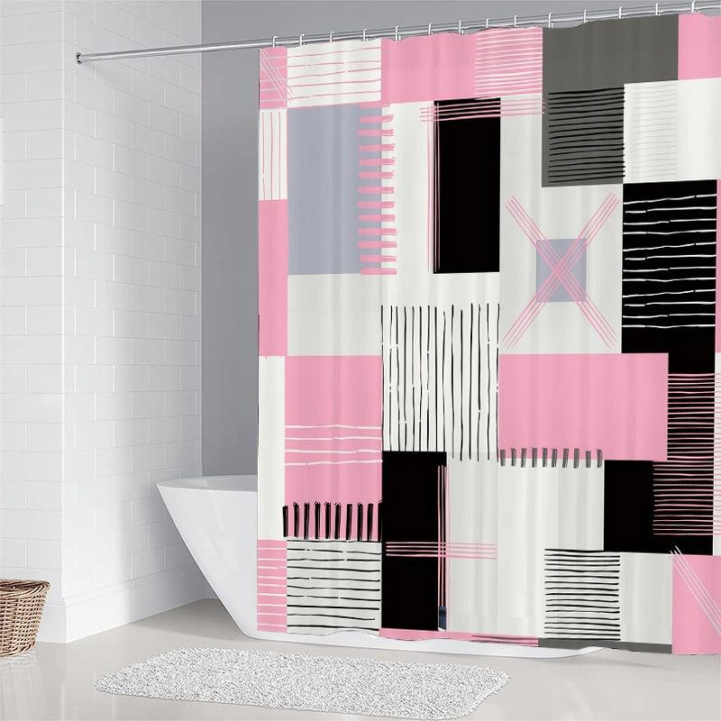 Pink Square Pattern Shower Curtain Set with Accessories