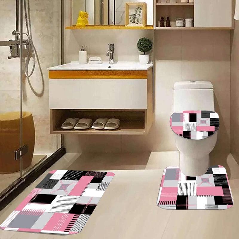 Pink Square Pattern Shower Curtain Set with Accessories