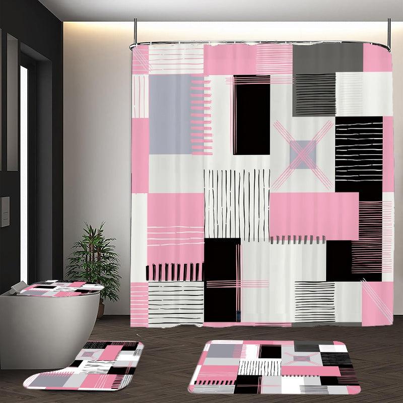 Pink Square Pattern Shower Curtain Set with Accessories